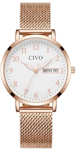 CIVO Leicht Lesbar Armbanduhr Damen: Analog Klares Zifferblatt mit Zahlen | Datum und Tag Leuchtende Zeiger Wasserdicht - Damenuhr Elegant für Casual Alltag - Geschenke für Ehefrau Mutter Senioren