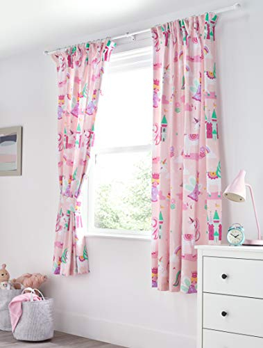 Bloomsbury Mill - Unicorno Magico, Principessa Delle Fiabe e Castello Incantato - Rosa - Coppia Di Tende Foderate Per Bambini Con Fermatenda - 168 cm x 183 cm