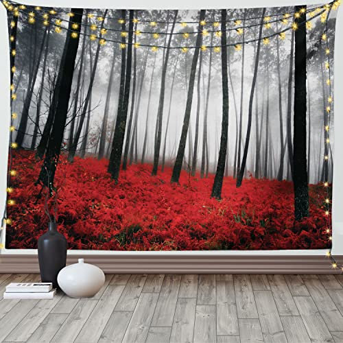 ABAKUHAUS Wald Wandteppich, Mystical Foggy Woodland aus Weiches Mikrofaser Stoff Waschbar ohne Verblassen Digitaldruck, 150 x 110 cm, Blassgrau Schwarz und Rot