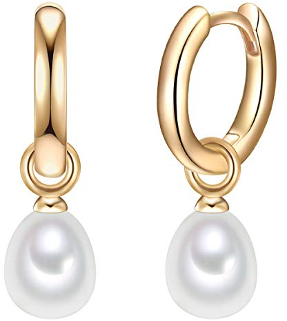 Valero Pearls Damen-Creolen Sterling Silber 925 gelbvergoldet Süßwasser-Zuchtperlen weiß - Ohrhänger für Frauen in Gelbgold-Farben mit Süßwasser-perle
