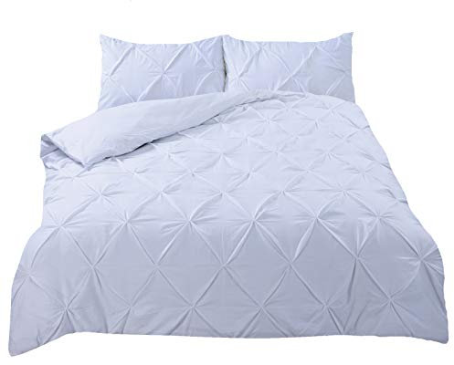 Highams Diamond Pintuck Duvet Cover with Pillow Case Luxury Pinch Pleat Bedding Set, White - King