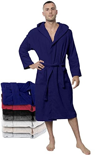 Twinzen Bademantel Herren - XXL - DarkBlau - 100% Baumwolle (350g/m²) OEKO-TEX® Zertifiziert - Bademantel mit Kapuze, 2 Taschen, Gürtel