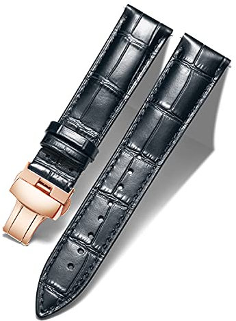 BINLUN Leder Uhrenarmband Lederarmband Ersatz Uhrenarmbänder für Herren Damen mit Silber/Gold/Roségold Schmetterling Faltschließe 12-24mm(18mm Schwarz-Roségold Schnalle)