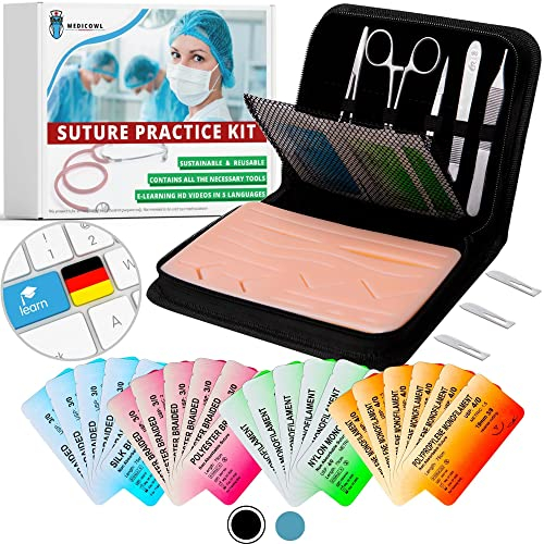 Nahttrainingsset | Nahtschulung + Wundnaht-Videokurs auf deutsch | 33 Stück im Fächeretui | Silikon-Nahtsimulator || Wundnaht-Übungsset | Ideales Geschenk für Medizinstudenten (Schwarz)