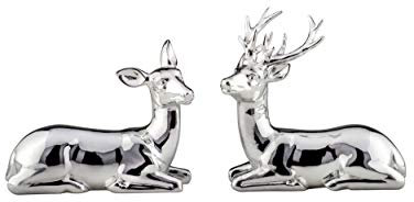 k/A Silberne Hirsche, Dekofiguren liegend, Hirschpaar Silber, 2 teiliges Set, glänzend poliert