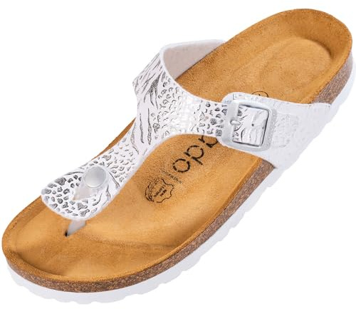 Palado Damen Zehentrenner Kos Prints – Pantoletten Made in Spain - elegante Hausschuhe mit Kork-Fußbett - modische Sommerschuhe Orna Weiß UK6 - EU39