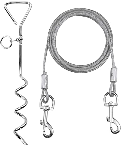 Colexy Anlegespirale Anlegepflock mit Hundeleine, 15 Zoll Anlegepflöcke für Hunde mit 3M Tie-Out Leinen, Edelstahl Bodenanker für Hof und Camping, Silber, für Kleine Bis Mittlere Hunde