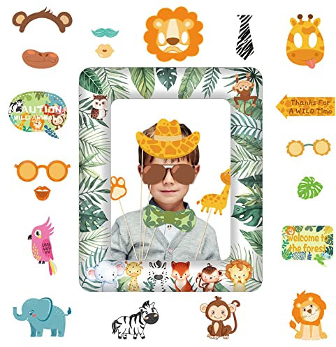 POPOYU 25 Stück Dschungel Safari Tier Fotorahmen-Set,Dschungel-Safari Aufblasbare Fotorahmen Selfie Bilderrahmen,Dschungel Tier Fotobox Accessoires für Kinder GeburtstagTier Themed Party-Deko