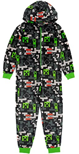 Minecraft Onesie Kids | Boys Girls TNT Creeper Camo Green Grey All In One Pyjamas | Zip Hood Video Game Loungewear