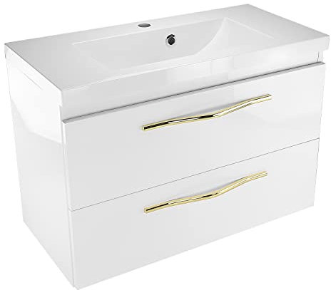 Mineralguss Waschbecken mit Unterschrank 80 cm Breit Girona Sink2, Waschtisch mit Unterschrank Hängend mit Schubladen, Waschplätze, Waschbeckenunterschrank Weiß Hochglanz mit Goldgriff