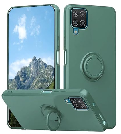 Wousunly Compatible avec Coque Samsung A12, Souple Samsung Galaxy A12 Case Silicone et Anneau pivotant à 360° Support Telephone Voiture magnétique Protection Antichoc (Vert foncé)