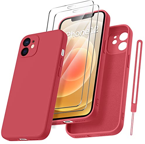 Qasyfanc Handyhülle für iPhone 12 Hülle mit 2 Stück Hartglas Schutzfolie, Silikon Case Ultra Dünn Microfiber Kameraschutz Rundumschutz Anti-Kratzer Handyhülle für iPhone 12 6.1 - Weißdornrot