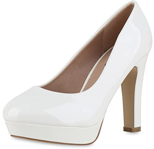 VAN HILL Damen Klassische Pumps Stiletto Schuhe Plateau Vorne Absatzschuhe Elegante Lack Abendschuhe 210697 Weiss Lack 40