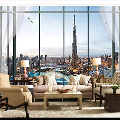 Wandtapete Europäisches 3D Dreidimensionales Fenster Dubai Tower Wohnzimmer TV Hintergrunddekoration TV Wandbild Tapete Wanddekoration fototapete 3d Vlies wandbild Schlafzimmer-200cm×140cm