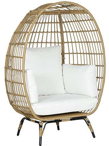 Outsunny PE Rattan Outdoor Egg Chair, Round Wicker Weave Teardrop Chair with Thick Padded Cushions for Sunroom, Garden, Khaki