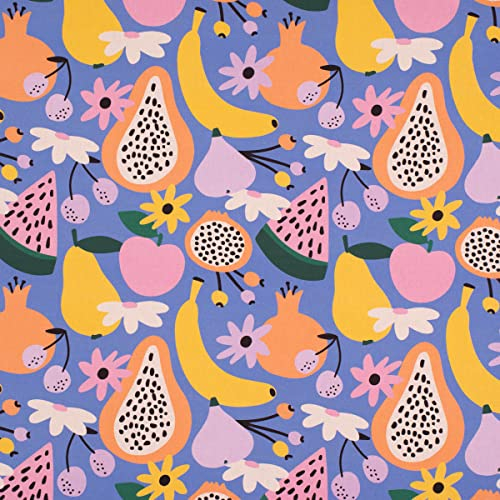 SCHÖNER LEBEN. Dekostoff Baumwolle Digitaldruck Retro Pop Obst Blumen lila bunt 1,40m