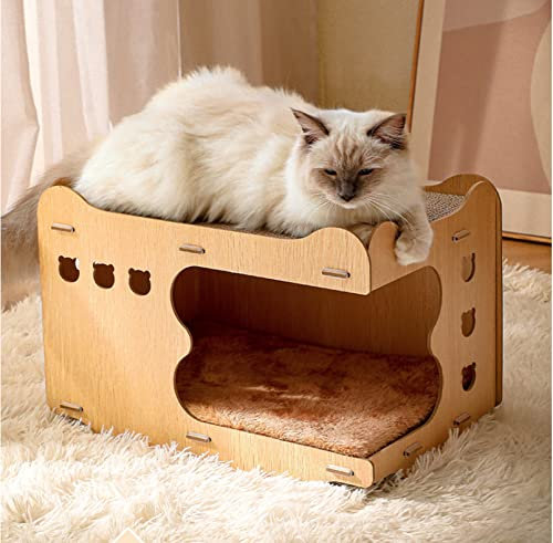 Arbre à chat en carton avec tapis en fourrure, griffoir en bois pour chats d'intérieur avec carton ondulé