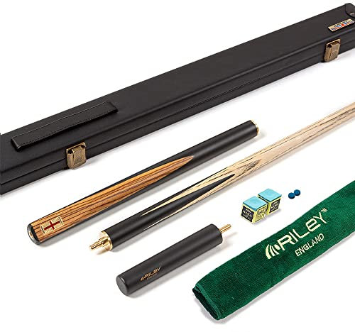 Riley England Billardqueue 3/4-Teilung, Handgespleißt, Ebenholz-Butt, Esche-Schaft 145 cm, 9,5 mm Spitze, inkl. Koffer, 15 cm Verlängerung & Zubehörpaket (RES-1-Design)