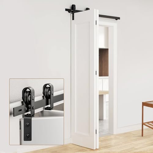 AWDIA 48 Bifold Barn Door Hardware Kit for 2 Doors, Black Track and Top Mounted Heavy Duty Roller Bi-Folding Sliding Barn Door Hardware Kit (J Shape, 48 for 2 Doors)