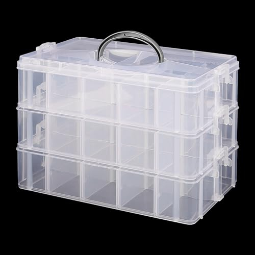 MANCHAP 3 Tier 30 Sections Clear Plastic Stackable Storage Box with Handle, Craft Storage Box with 30 Adjustable Compartments for Crafts, Sewing Accessories, Jewelry