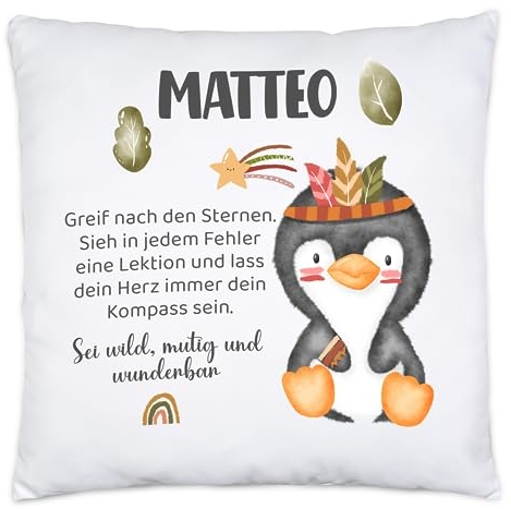 Kiddle-Design Kissen Personalisiert Taufe Geburt Einschulung Taufgeschenk Patenkind Glückwünsche Baby Kind mit Pinguin