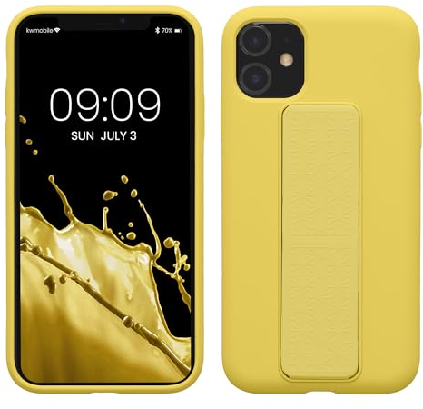 kwmobile Case Compatible with Apple iPhone 11 - Case with Hand Strap and Stand Soft TPU Silicone Coating - Radiant Yellow