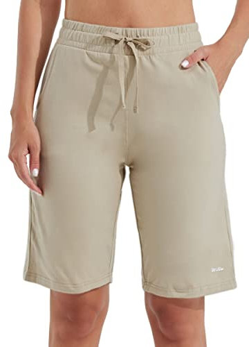 WILLIT Damen Shorts Bermuda Baumwolle Lange Shorts Sporthose Yogahose Fitness Knielange Workout Sommer 10 mit Taschen Khaki L