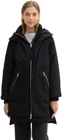 TOM TAILOR Denim Damen Parka mit Teddyfell in der Kapuze, 14482 - Deep Black, S