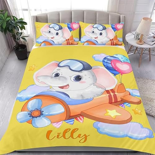 BJCJGGL Bettwäsche 155x220 Gelber Elefant Bettwäsche-Set mit Reißverschluss Schließung und 2 Kopfkissenbezug 80x80 cm - Weicher Atmungsaktive Mikrofaser Bettbezug für Kinder Mädchen