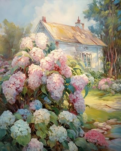 Malen nach Zahlen Haus,Hortensien,Garten Painting by Numbers Kit DIY ölgemälde Kit für Erwachsene,Anfänger Painting Set 16x20 Zoll Leinwanddruck Wandkunst Dekoration
