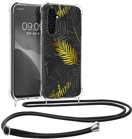 kwmobile Coque Collier Compatible avec Samsung Galaxy A15 5G Coque - Housse en Silicone avec Cordon de Collier - Jaune-Gris-Transparent