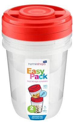 HOMESHOPA Red Round Plastic Food Storage Containers, 2 Pack - 500ml & 1L Screw & Seal Lids BPA-Free Stackable Leak-Proof Airtight Canisters, Microwave and Dishwasher Safe