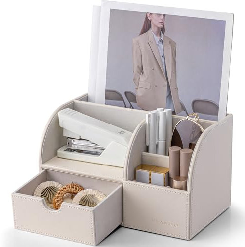 Vlando Schreibtisch-Organizer mit Schublade, Stifthalter Leder für Schreibwaren, Büro organizer, multifunktionaler Schreibtisch-Stift-Organizer, Fernbedienungshalter, Weiß