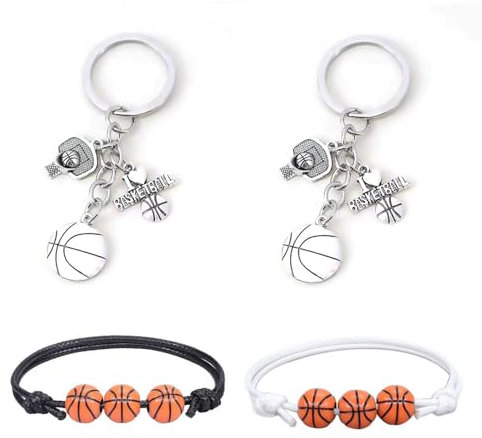 CWPFVQA 2 Porte-Clés De Basket-Ball Et 2 Bracelets De Basket-Ball, Porte-Clés en Métal, Cadeaux De Basket-Ball, Bijoux De Fans, Bracelets Créatifs, Bijoux D'Éléments Sportifs
