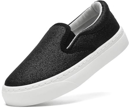 maxvinci Girls Canvas Slip On Shoes Kids Glitter Pumps Plimsolls Causal Trainers Breathable Flat Sneakers for Little/Big Kids(Black 243)