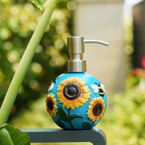 JINYOMFLY Sonnenblume Seifenspender, 3D Handgemalt Mit Metall Pumpe, Shampoo Flaschen zum Befüllen, Pumpspender aus Harz, Vintage 330ML