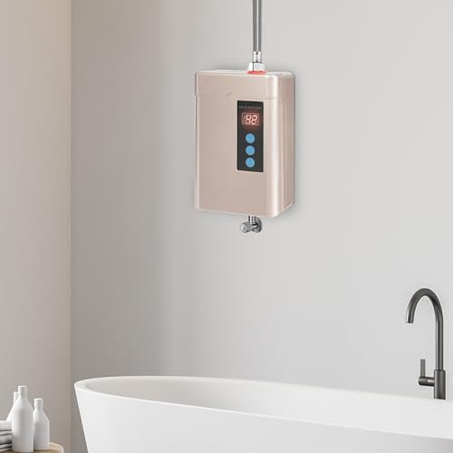 Tankloser Wassererhitzer, 5000W Mini Elektronischer Durchlauferhitzer, Sofortiger Elektrischer Warmwasserbereiter mit Digitaler Bildschirm und Fernbedienung für Bad Küche Hotel (Champagner Gold)