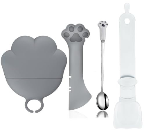 Joyinjojo Cat Treat Spoon - Cat Food Spoon - Cat Food Can Covers Lids | Cat Lickable Squeeze Treats Spoon Dispenser | Can Opener Cat Food Spatula Spoons for Wet Food | Cute Claw Cat Food Can Lid, Grey
