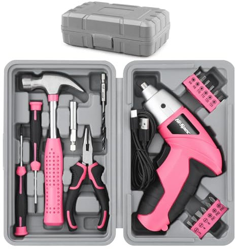 Set Hi-Spec 19pz cacciavite elettrico rosa 3.6V USB e kit attrezzi fai-da-te. Cacciavite senza fili ricaricabile e set compatto di attrezzi manuali