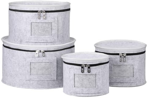4Pcs Felt Plate Storage, 7/8.5/10/12inch Campervan Bowls Bags Camping with Lid Dinnerware Organiser with 48 Protectors Divider Dustproof Carvan Picnic Glassware Bag for Plates Bowl Cup Stemware
