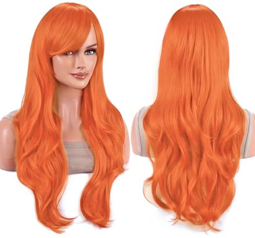 IMISSU 28 Inch/70cm Long Hair Water Wavy Wigs with Bangs Cosplay Costume Wig (Vivid Orange)
