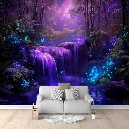 Vlies-Fototapete 200 x 140 cm, Fantasie-Wasserfall Nachthimmel Motiv, Wasserdichte Wanddeko für Spielzimmer und Akzentwand, Lila