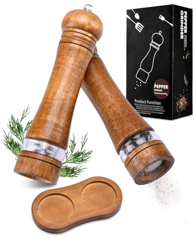 ELUBLU Salz Und PfeffermüHle,2 StüCke PfeffermüHle,Set Mit Untersetzer,Salz Und PfeffermüHle Holz,GewüRzflasche SalzmüHle FüR KreuzküMmel, Pfeffer,Meersalz,PfefferköRner