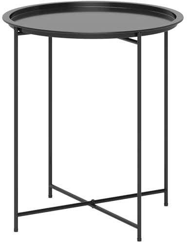 Outsunny Petite Table Basse Ronde, Table d'appoint de Jardin, Plateau Amovible avec Bord relevé, Pieds Pliables, Cadre en Acier, pour Jardin, Balcon, terrasse, Salon, Noir