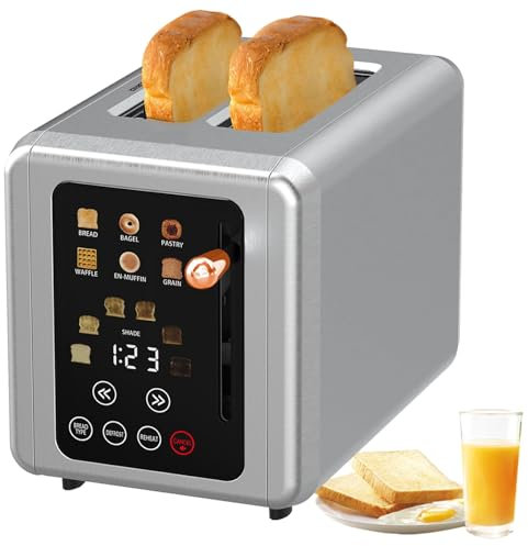 Tostadora digital de acero inoxidable con temporizador, pantalla táctil, 2 rebanadas, 6 tipos de pan y 6 niveles de tostado, ranuras extra anchas inteligentes, función for bagels, cancelación y descon