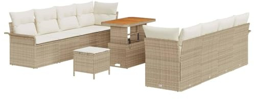 vidaXL Garten-Sofa-Set mit Kissen mit Speicher 11 pcs Beige und Creme, Verstellbare Füße, Outdoor Sofa, Gartenmöbel, Modulares Sitz, Lounge, Rattan Arrangement, Terrasse