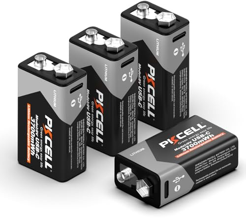 PKCELL Rechargeable 9V Batteries USB-C, 335mAh 9V Lithium Battery 4 Pack