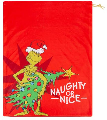 VFM e-Store - Grinch Christmas Santa Sack Festive Gift Present Bag Holder Dr Seuss Xmas Theme Fun Design - 70cm X 50cm Red X 1
