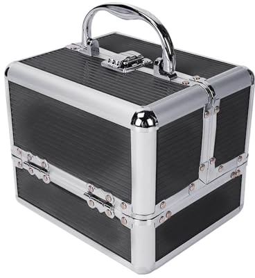 CROWNSHOP Makeup Box Trays Aluminium with Compartment Large Capacity Black | Vanity Cosmetic Organizer Nail Box for Jewelry Cosmetics Accessories 4 Layers