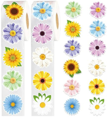 Blumenaufkleber, 1000 Stück (2 Rollen) – Bunte Blumensticker, Frühlings- und Sommer-Blumensticker, ideal für DIY, Scrapbooking und Dekoration